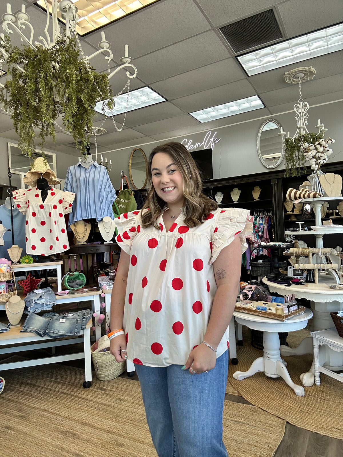 Adra Red &amp; Cream Polka Dot Top