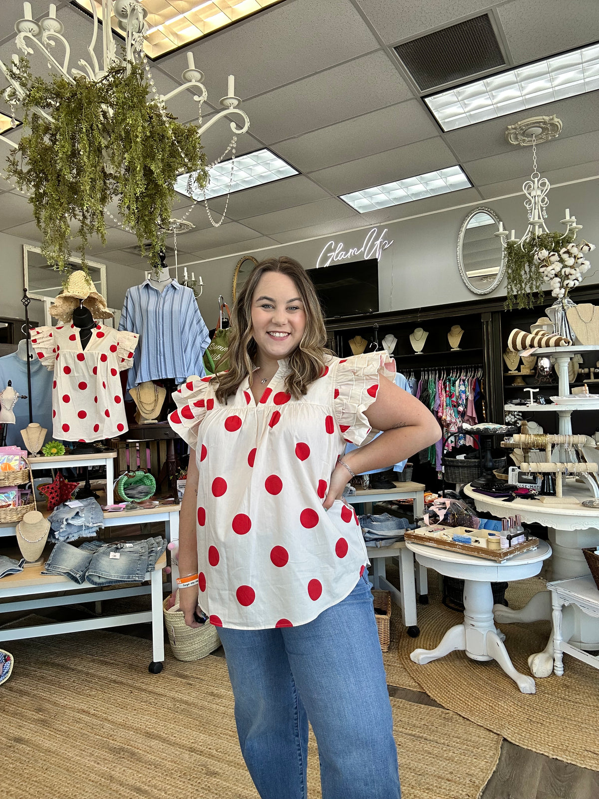 Adra Red &amp; Cream Polka Dot Top