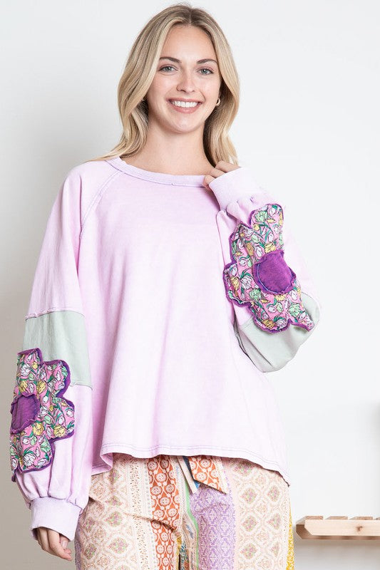 Pink Floral Patch Long Sleeve Top