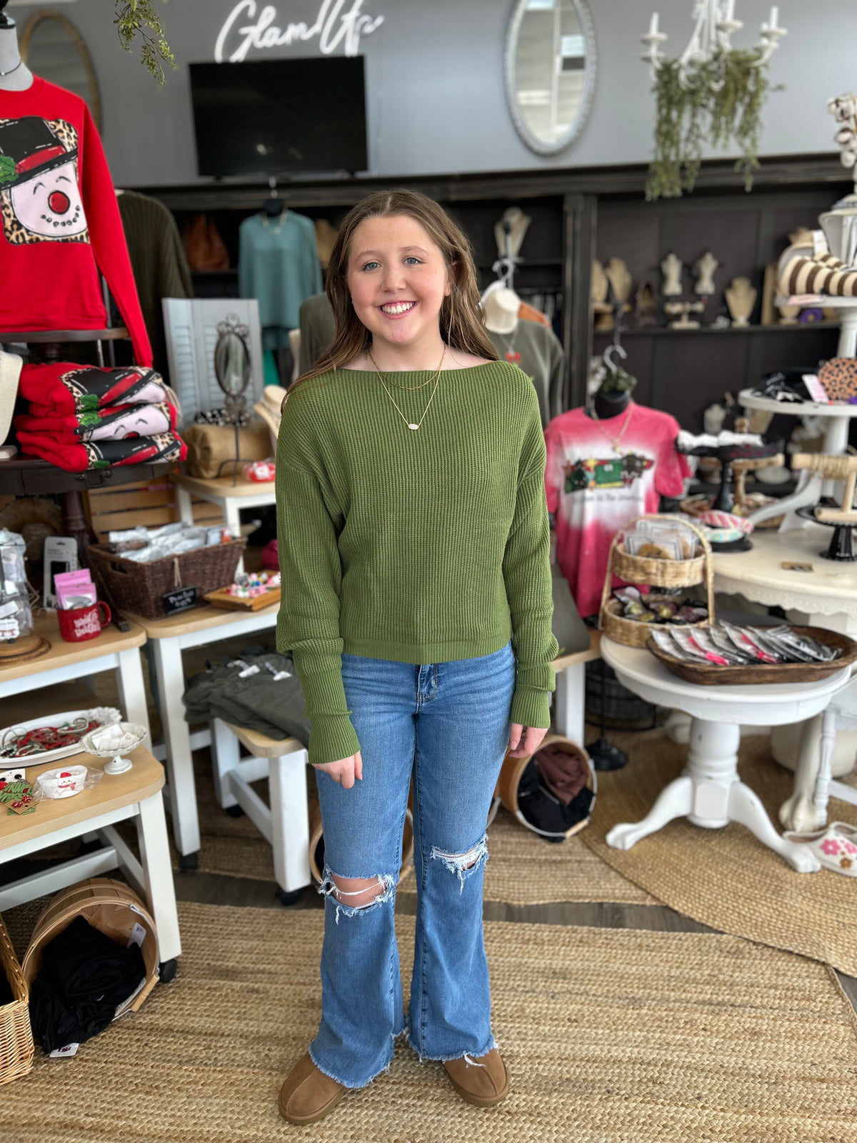 Olive Off Shoulder Sweater