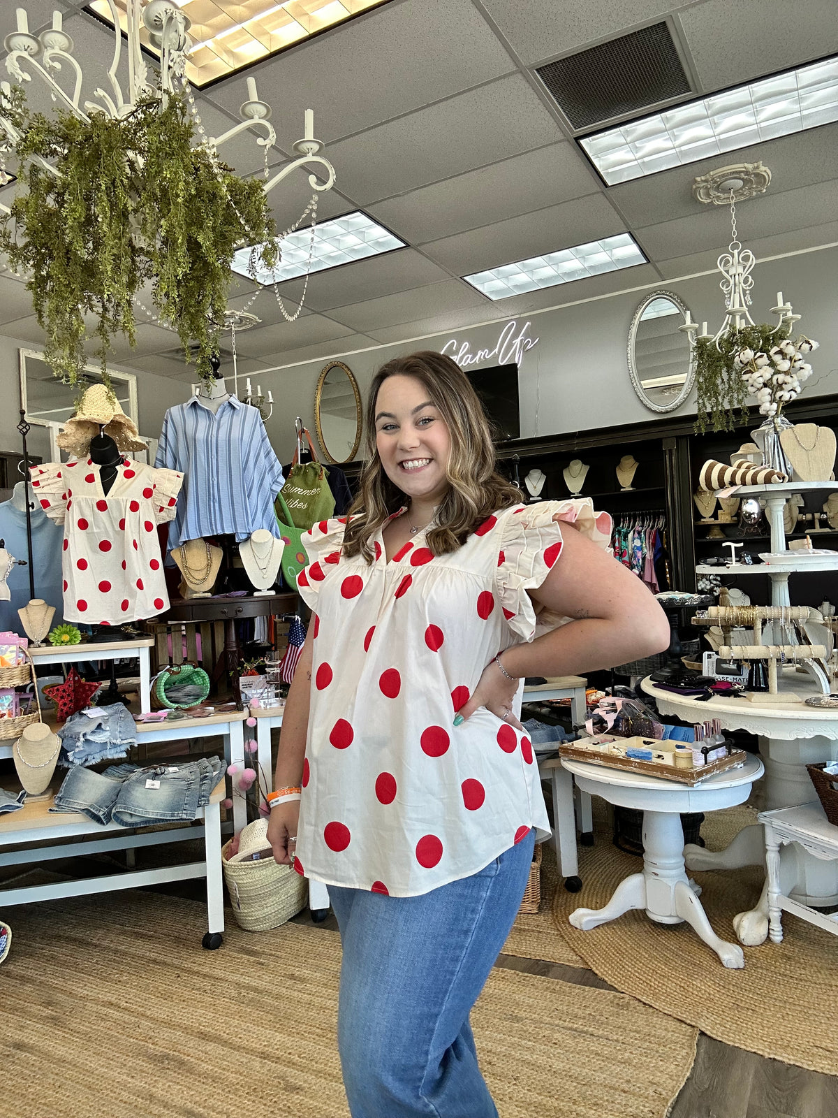 Adra Red &amp; Cream Polka Dot Top