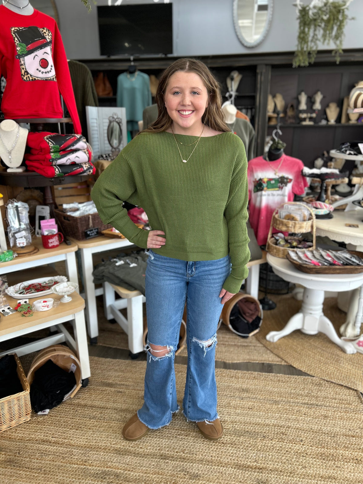 Olive Off Shoulder Sweater