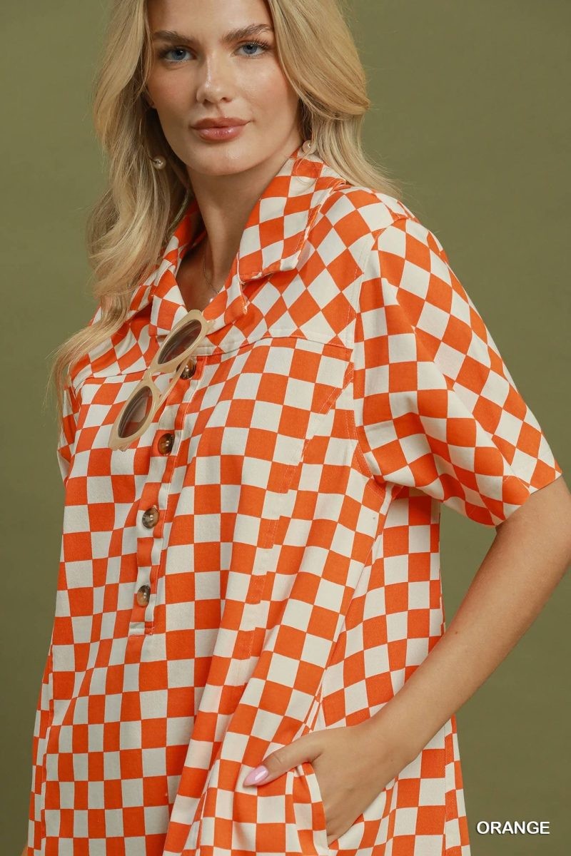 Orange Checkerboard Button Down Dress