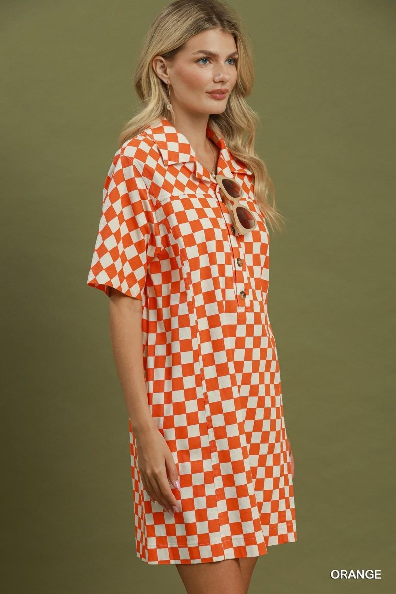 Orange Checkerboard Button Down Dress