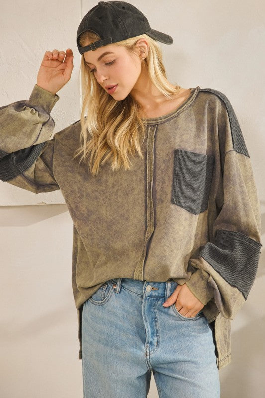 Mineral Wash Patchwork Knit Top