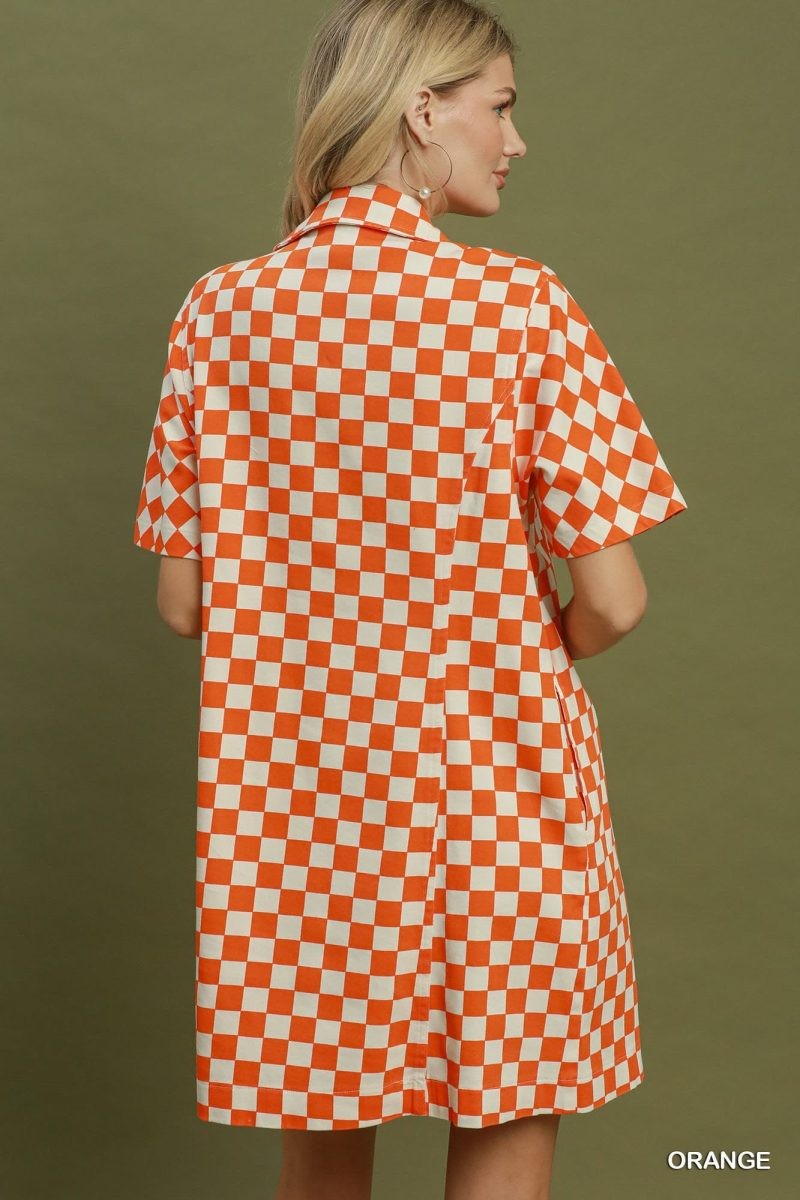 Orange Checkerboard Button Down Dress