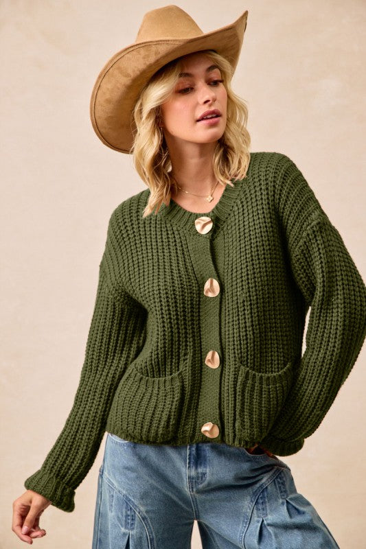 Chunky Olive Button Up Cardigan