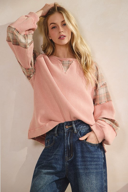 Blush Plaid Patchwork Waffle Knit Top