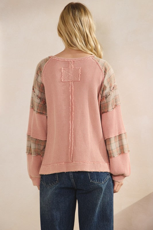 Blush Plaid Patchwork Waffle Knit Top
