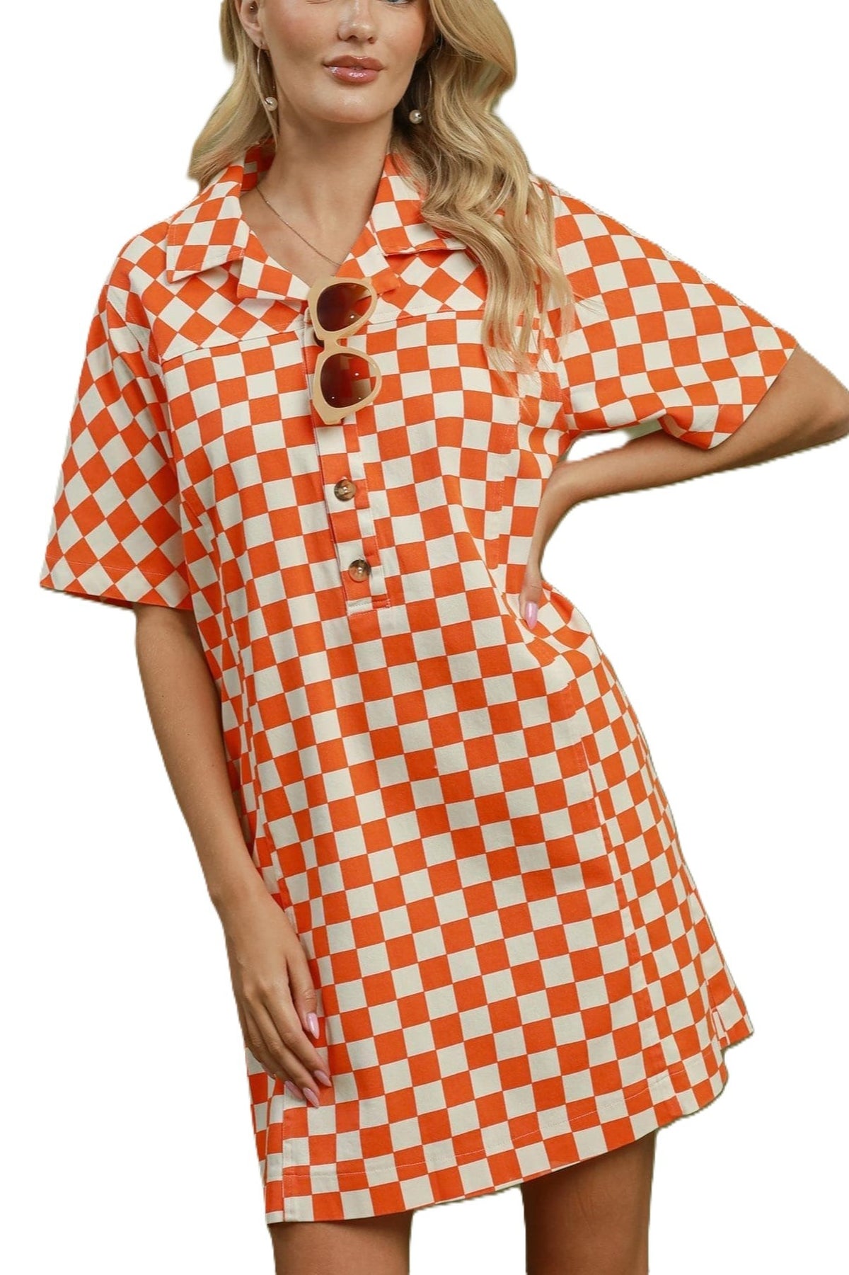 Orange Checkerboard Button Down Dress