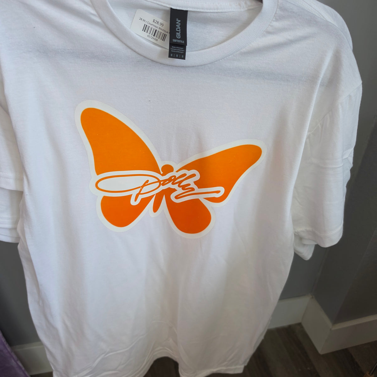 Dolly Butterfly in Orange on White Tee