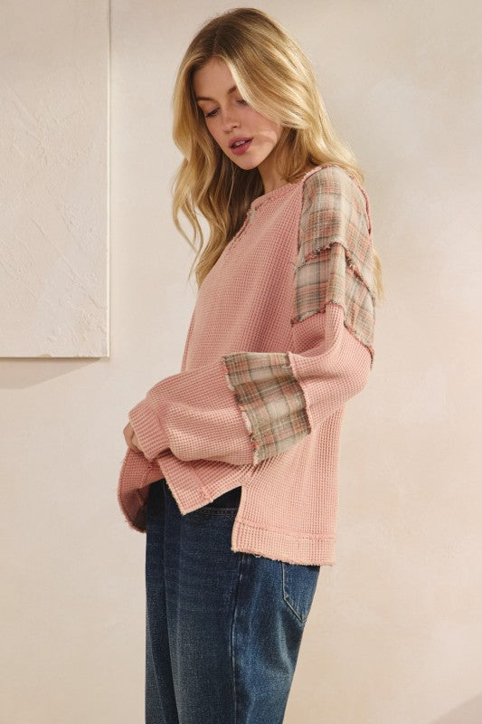 Blush Plaid Patchwork Waffle Knit Top
