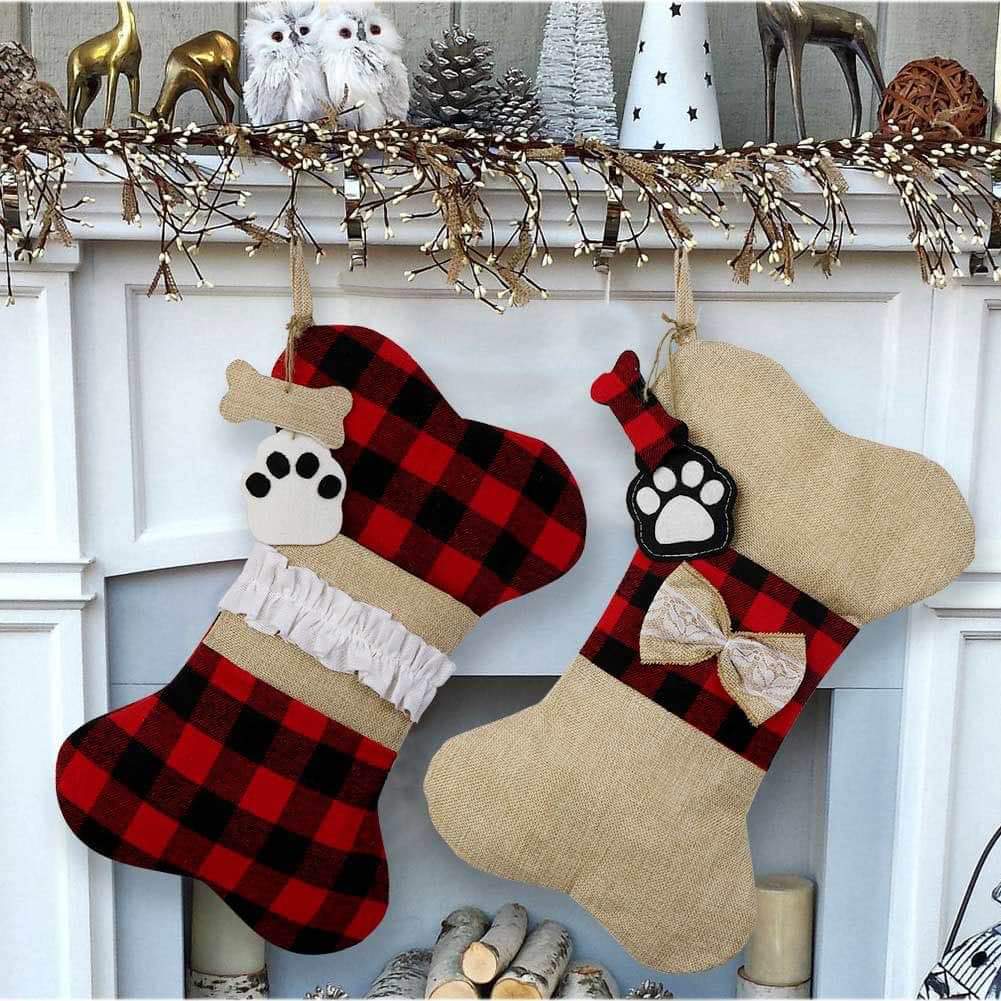 Buffalo Plaid &amp; Burlap Dog Bone Stockings